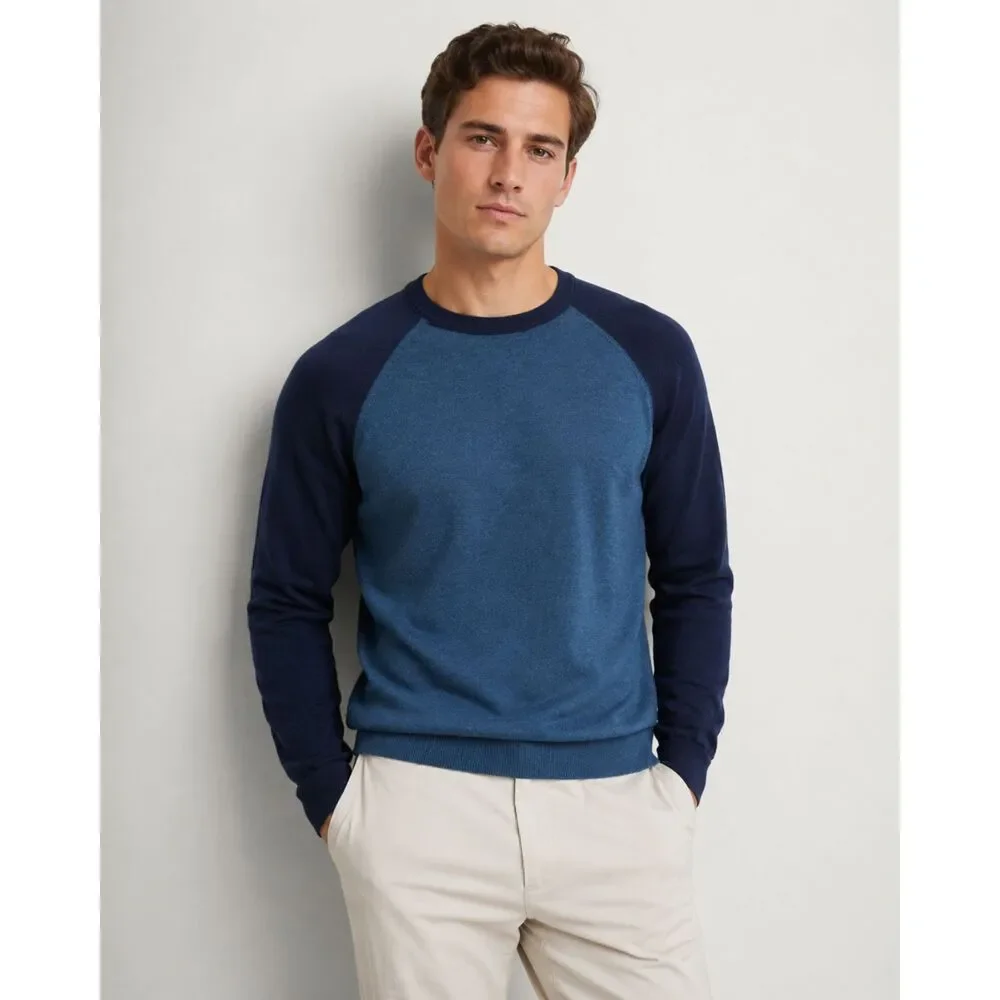 Banana Republic 100% Italian Merino Wool Sweater Mens L Blue Colorblock Crewneck